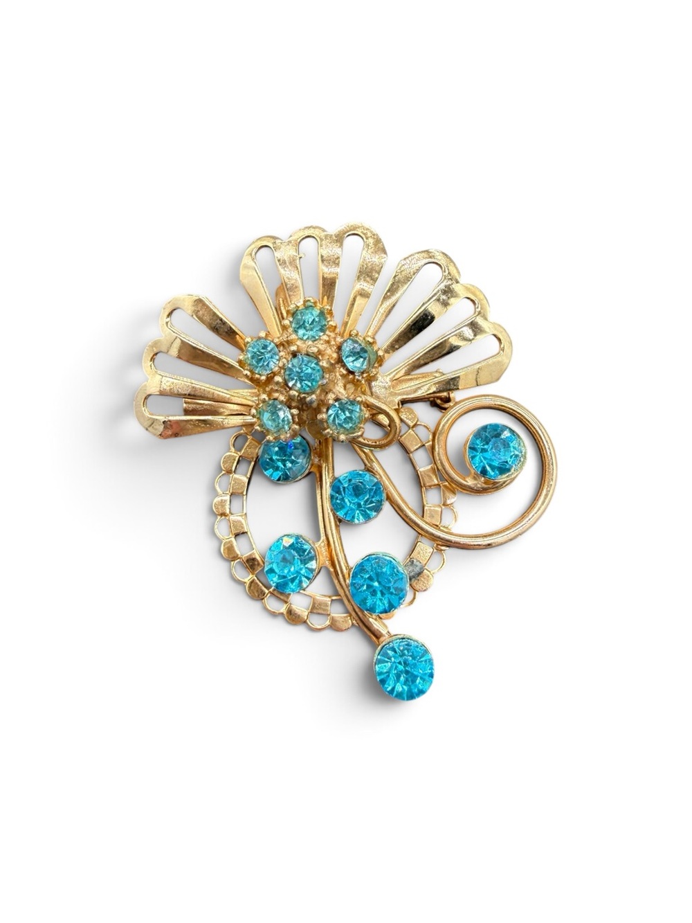 Vintage Mid-Century Gold-Tone Brooch with Aqua Blue Stones & Necklace Bail - Picture 6 of 6